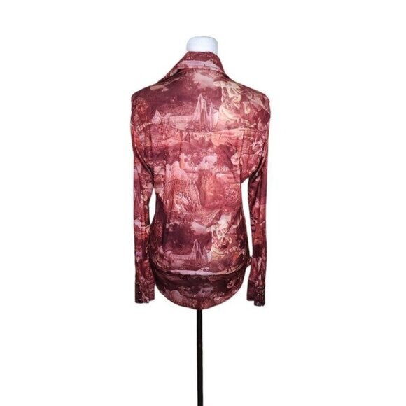 Vintage 70s Long Sleeve Disco Shirt Womens Size M Red Dagger Collar - Picture 5 of 6